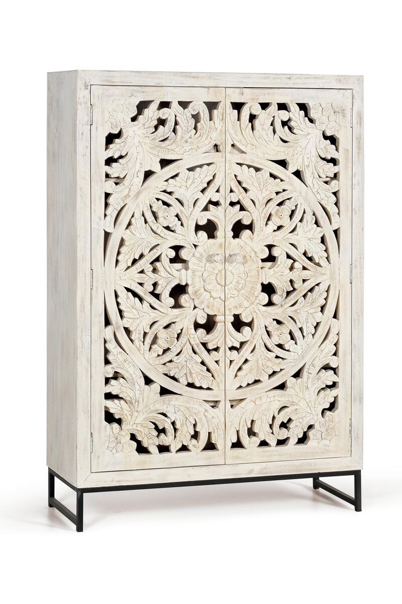 Vitrina madera de mango y patas metal en blanco envejecido blanco.giner y colomer 160x40x110