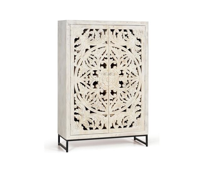 Vitrina madera de mango y patas metal en blanco envejecido blanco.giner y colomer 160x40x110