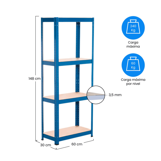 Estante Metálica Azul com 4 Prateleiras Ajustáveis u200Bu200B148x60x30cm 240Kg 7house