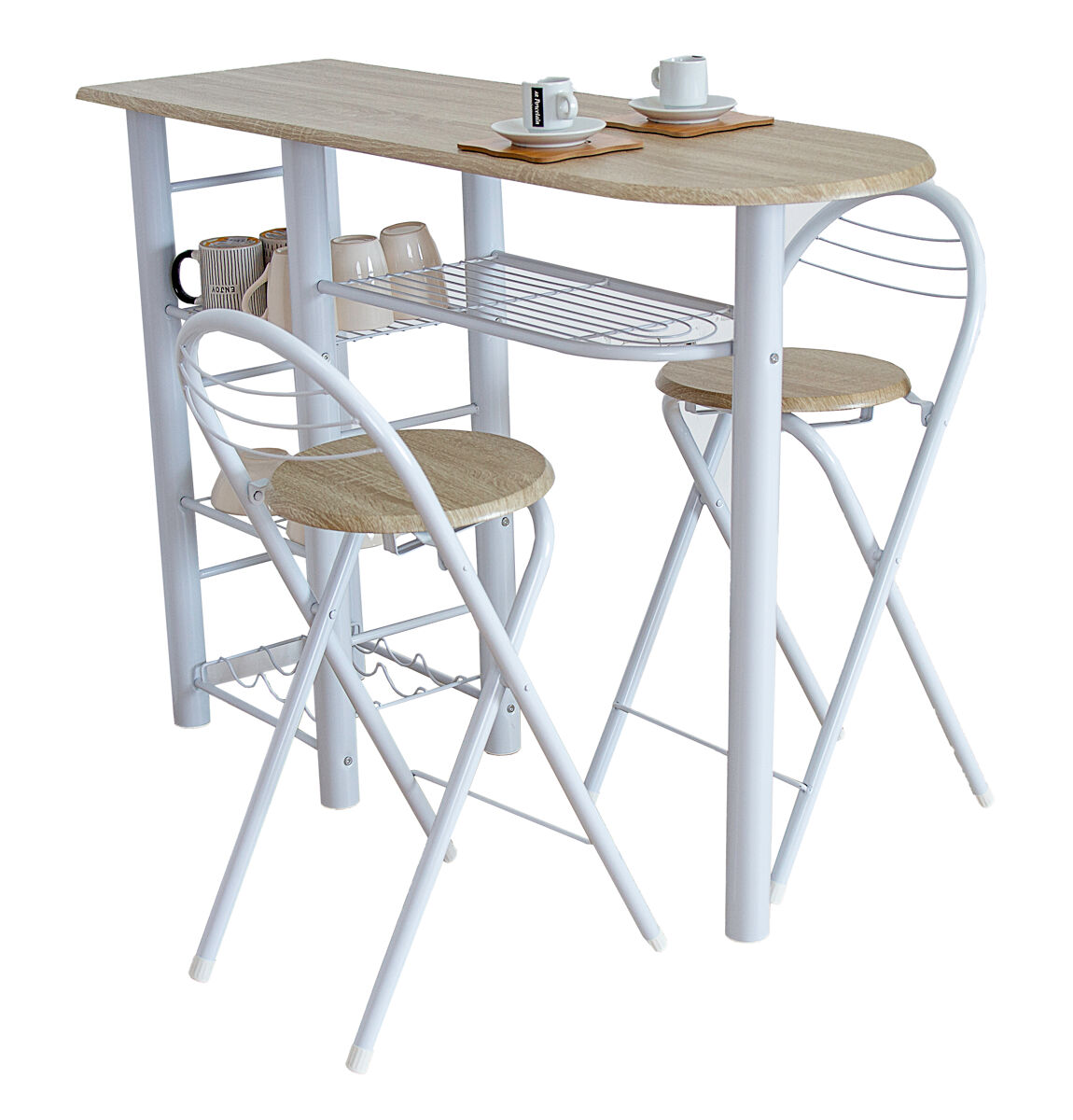 Conjunto Mesa de Cocina Bar con 4 estantes + 2 Taburetes Plegables