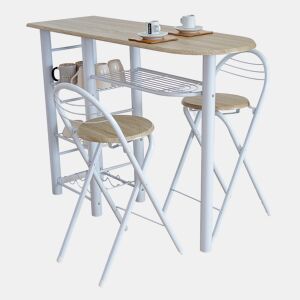 Mesa de escritório alta para cozinha, estilo contemporâneo, branca e prata, com 2 bancos dobráveis, 40x88x120 cm