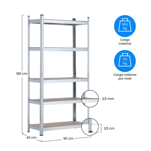 Estante Modular Galvanizada com 5 Prateleiras Ajustáveis u200Bu200B180x90x40cm 875Kg 7house