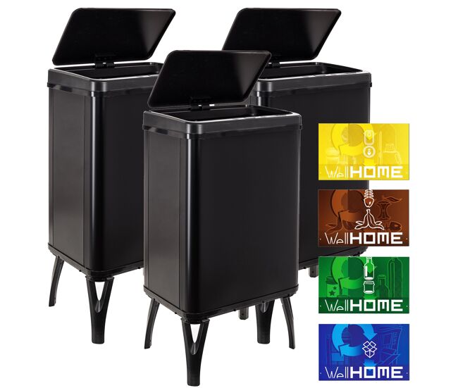 Well home mobiliario & decoración 3 cubos de basura inteligente de 40l c/u, alto: 71,5 (x35,5x26), negro con etiquetas magnéticas