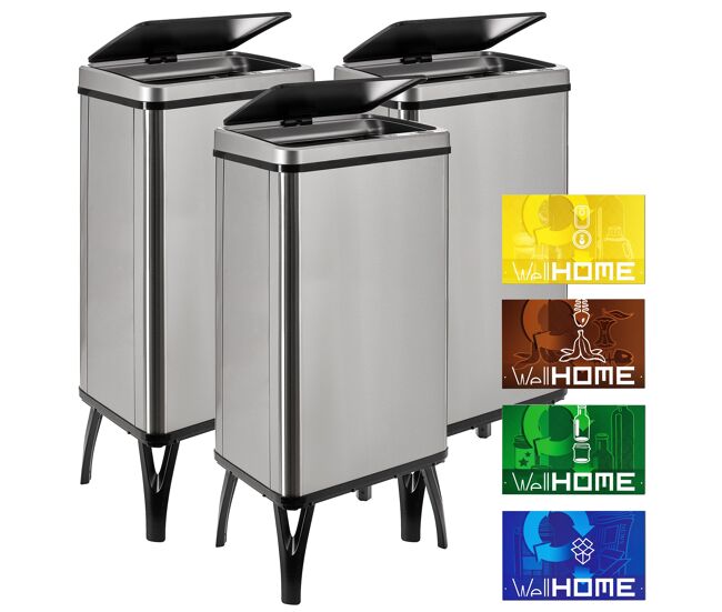 Well home mobiliario & decoración 3 cubos de basura inteligente de 50l c/u, alto: 83,5 (x35,5x26), gris con etiquetas magnéticas