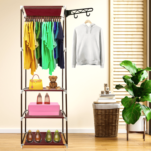 Guarda-roupa estático Nyana Home 170x55x35cm 3 prateleiras 1 barra superior 1 cabide lateral Marrom