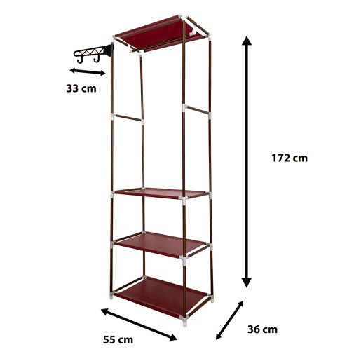 Guarda-roupa estático Nyana Home 170x55x35cm 3 prateleiras 1 barra superior 1 cabide lateral Marrom
