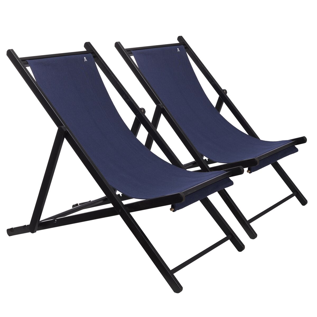 Set de 2 hamacas  de madera de haya plegable sin brazos estructura color wengué lona color azul oscuro scalpers