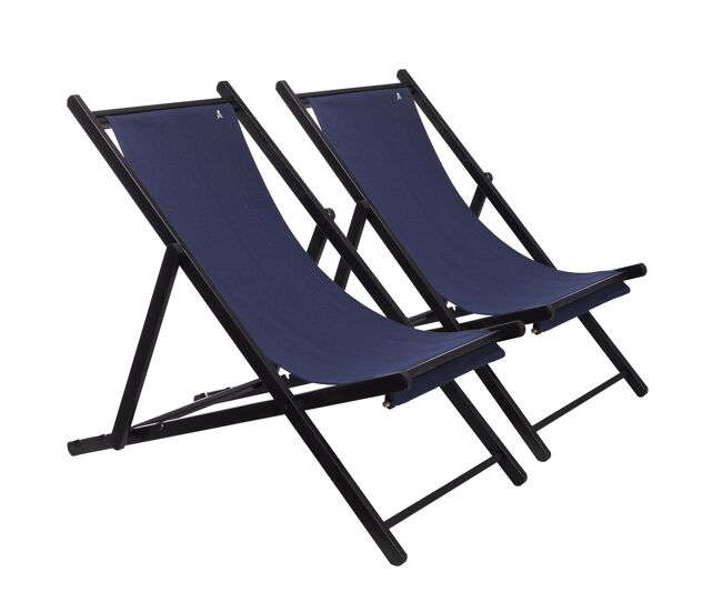 Set de 2 hamacas de madera de haya plegable sin brazos estructura color wengué lona color azul oscuro scalpers
