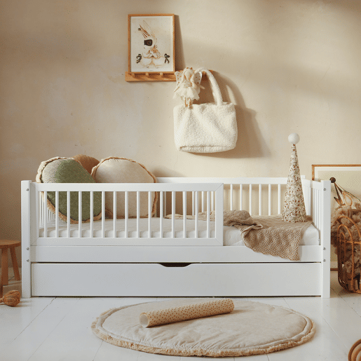 Cama 90x190 com barreira base de ripas e gaveta incluídas Sybil Branco