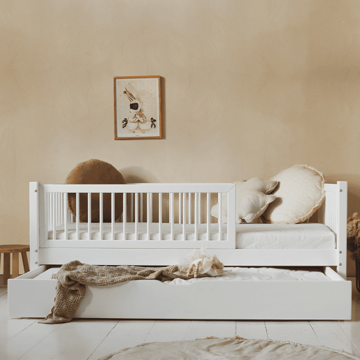 Cama 90x190 com barreira base de ripas e gaveta incluídas Sybil Branco