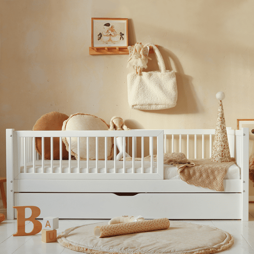 Cama 90x190 com barreira base de ripas e gaveta incluídas Sybil Branco