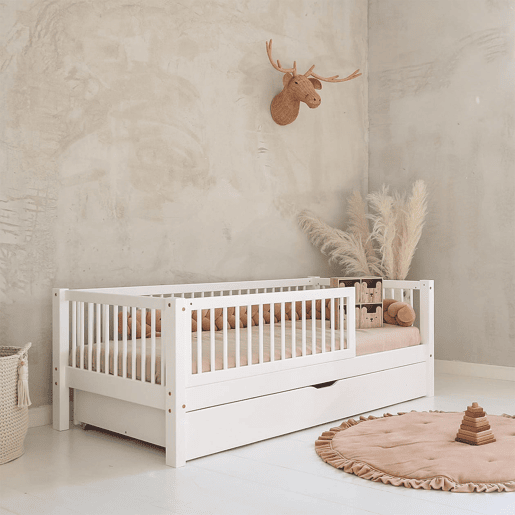 Cama 90x190 com barreira base de ripas e gaveta incluídas Sybil Branco