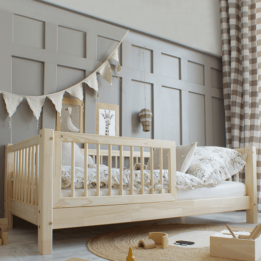 Cama 90x190 com barreira e base de ripas incluídas pés 10 cm Sybil Bois Cama 90x190 com barreira e base de ripas incluídas pés 10 cm Sybil Bois