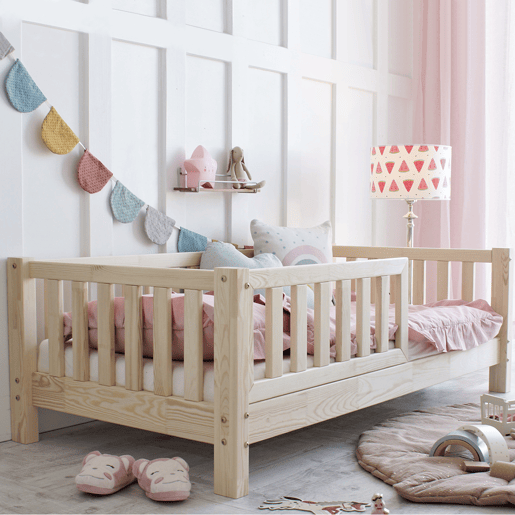 Cama 90x190 barreira e base de ripas incluídas pés 10 cm Agnès Bois