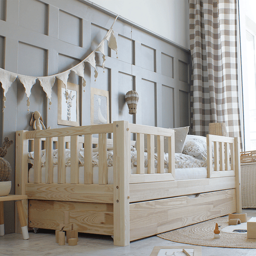 Cama com barreira 90x190 com estrado de ripas e gaveta Agnès Bois