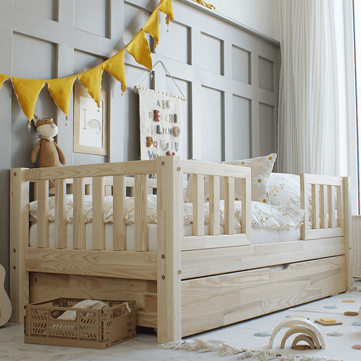 Cama com barreira 90x190 com estrado de ripas e gaveta Agnès Bois