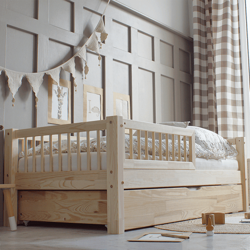 Cama com barreira 90x190 incluindo estrado de ripas e gaveta Adèle Bois