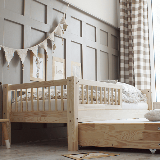 Cama com barreira 90x190 incluindo estrado de ripas e gaveta Adèle Bois
