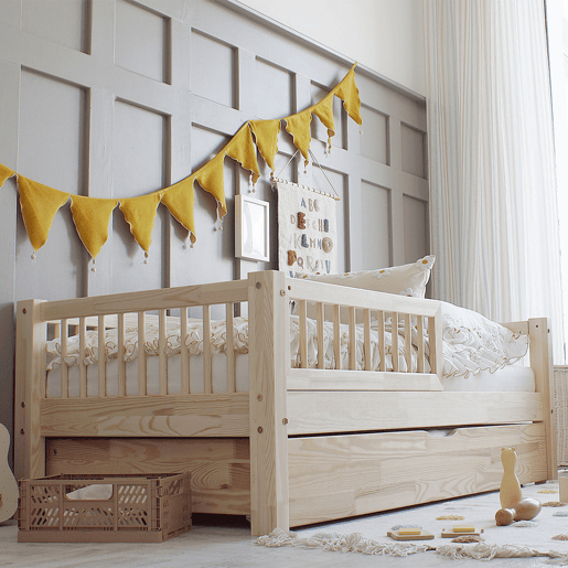 Cama com barreira 90x190 incluindo estrado de ripas e gaveta Adèle Bois