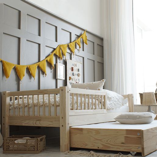 Cama com barreira 90x190 incluindo estrado de ripas e gaveta Adèle Bois