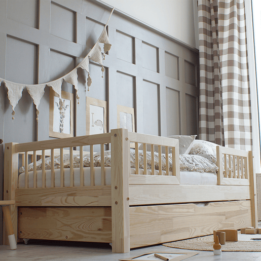 Cama com barreira 90x190 com estrado de ripas e gaveta Adèle Bois