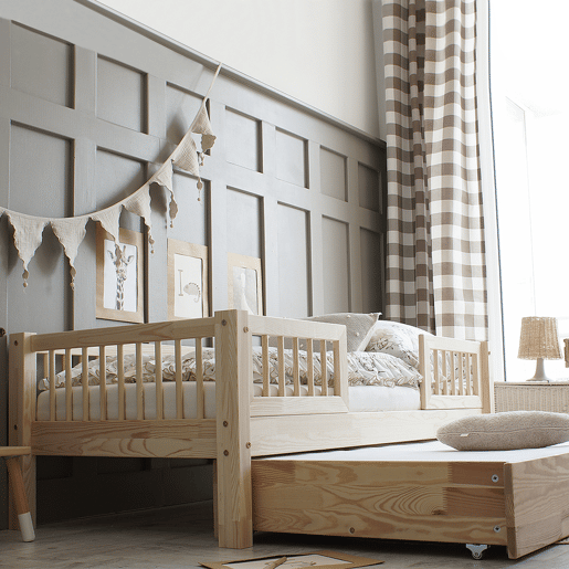 Cama com barreira 90x190 com estrado de ripas e gaveta Adèle Bois