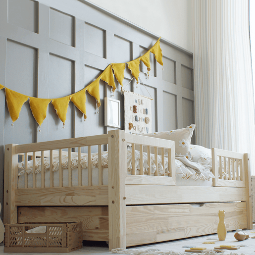 Cama com barreira 90x190 com estrado de ripas e gaveta Adèle Bois
