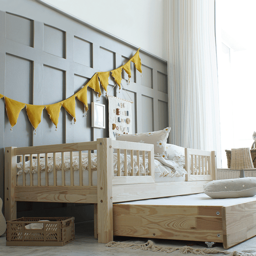 Cama com barreira 90x190 com estrado de ripas e gaveta Adèle Bois