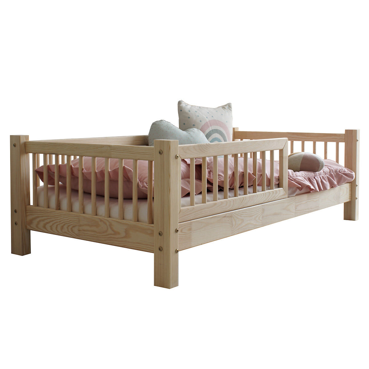 Cama 90x190 con barandilla y somier patas de 10 cm adèle madera