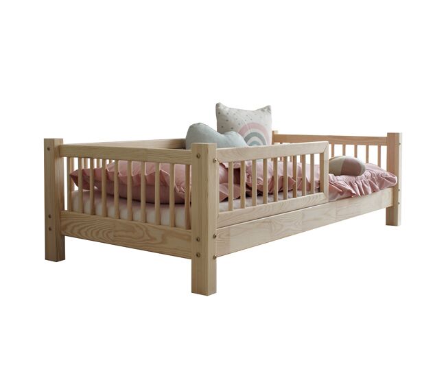 Cama 90x190 con barandilla y somier patas de 10 cm adèle madera