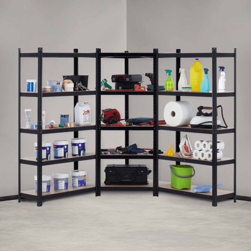 Pack 2 Prateleiras Modulares e 1 Prateleira de Canto Preta 5 Prateleiras Ajustáveis u200Bu200B7house