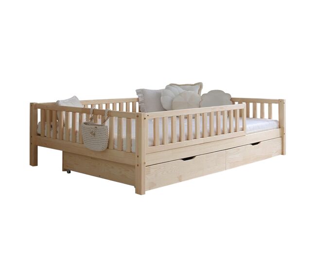 Cama 140x200 con barandilla somier y cajones agnès madera
