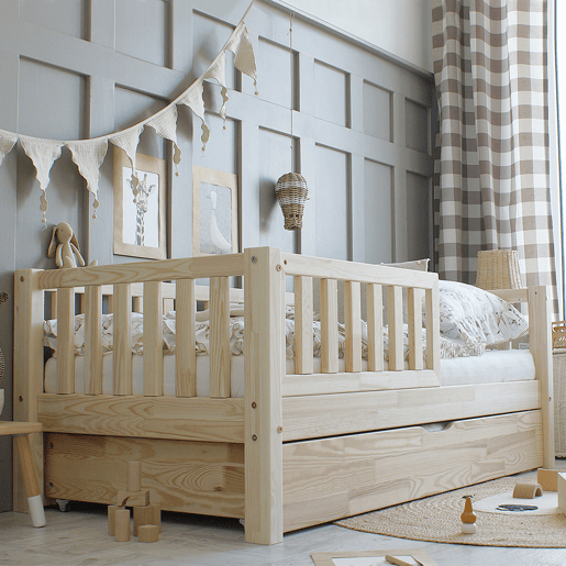 Cama com barreira 90x190 incluindo estrado de ripas e gaveta Agnès Bois