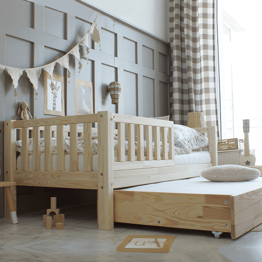 Cama com barreira 90x190 incluindo estrado de ripas e gaveta Agnès Bois