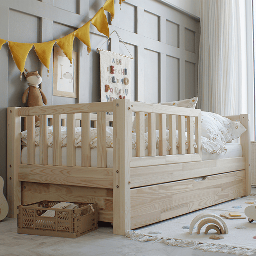 Cama com barreira 90x190 incluindo estrado de ripas e gaveta Agnès Bois