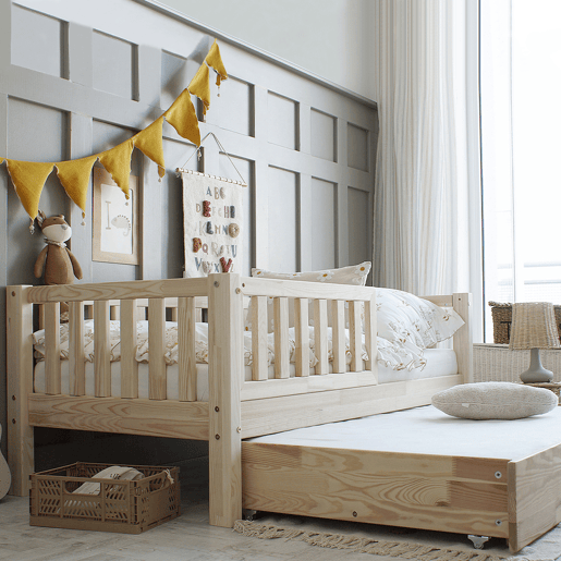 Cama com barreira 90x190 incluindo estrado de ripas e gaveta Agnès Bois