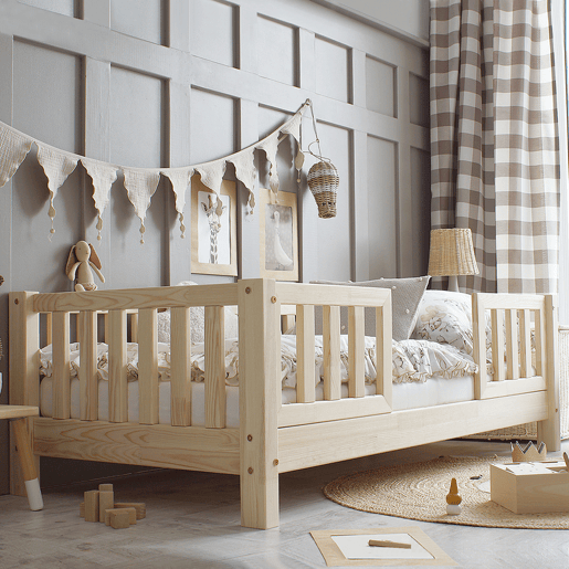 Cama 90x200 com calhas e estrado com pés de 10 cm Agnès Bois