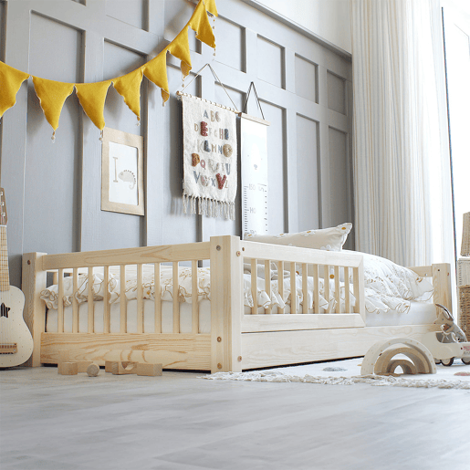 Cama 90x190 com barreira e base de ripas incluídas pés 1 cm Adèle Bois