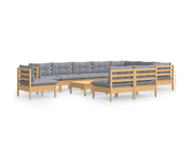 Juego de muebles de jardin 11 piezas y cojines madera maciza pino