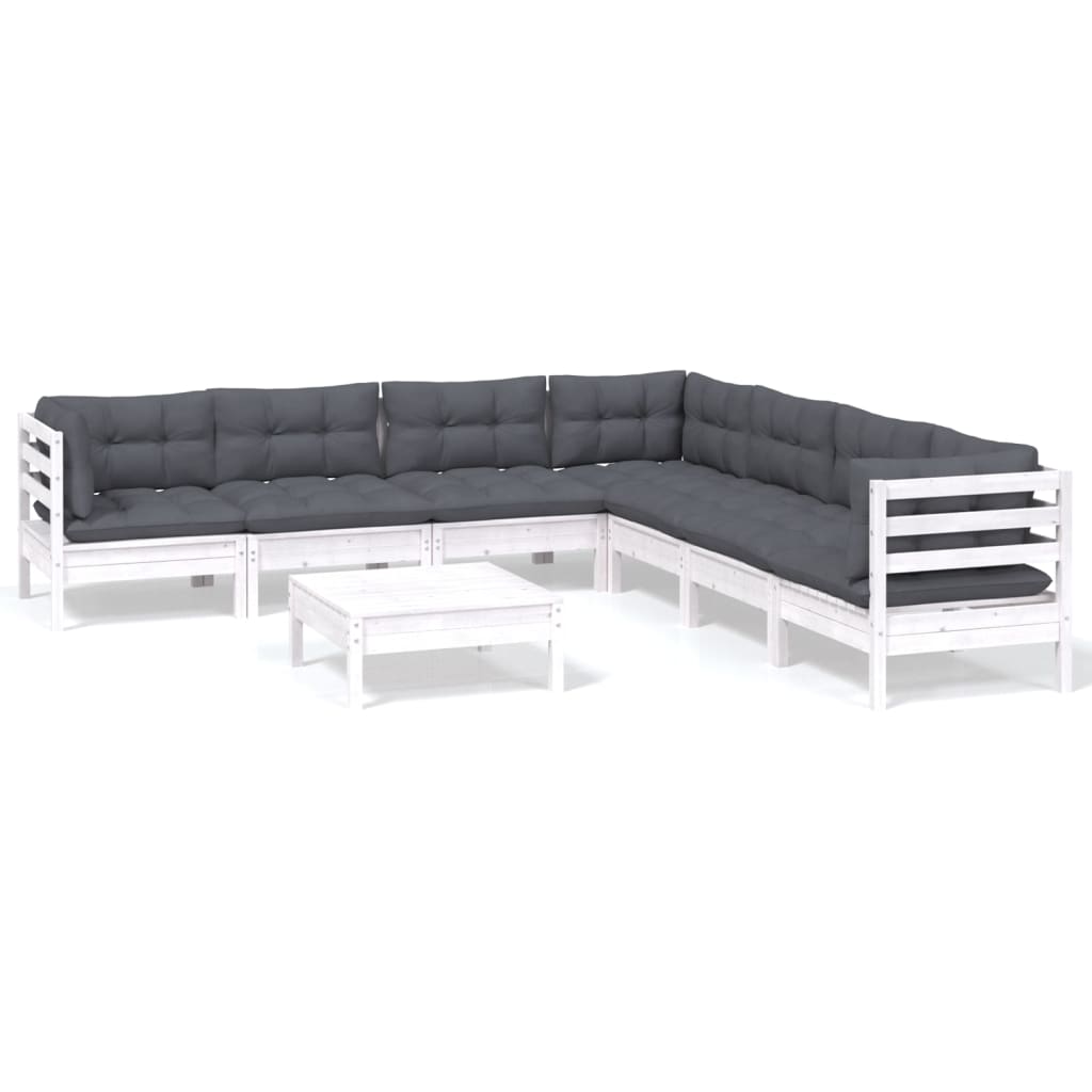 Muebles de jardin 8 piezas con cojines blanco madera maciza pino