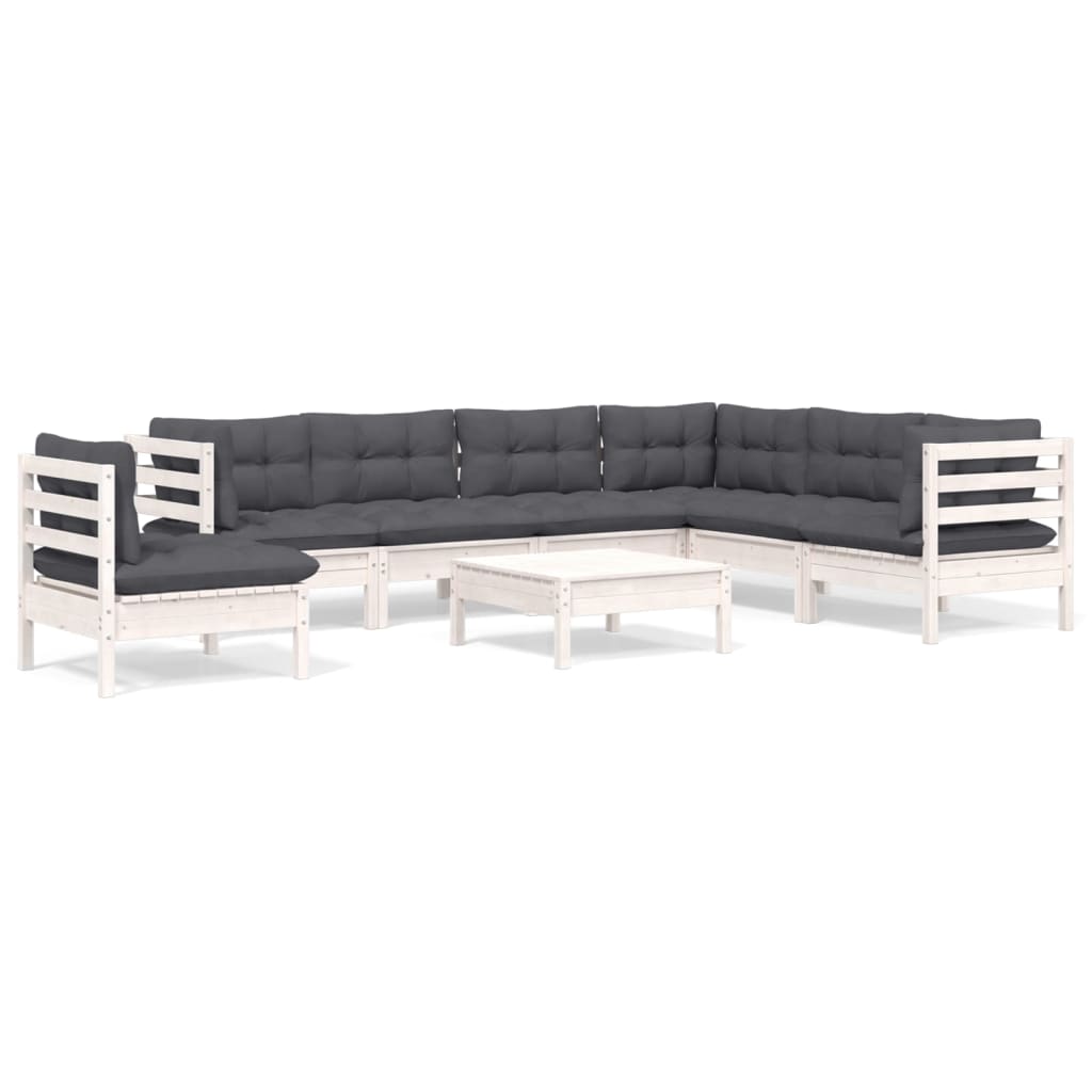 Muebles de jardin 8 piezas con cojines blanco madera maciza pino