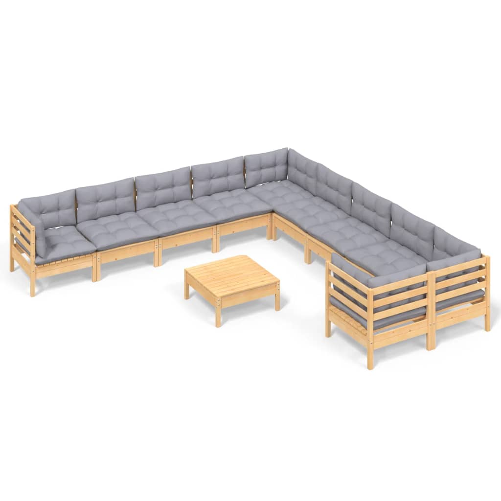 Muebles de jardin 11 piezas y cojines madera de pino gris