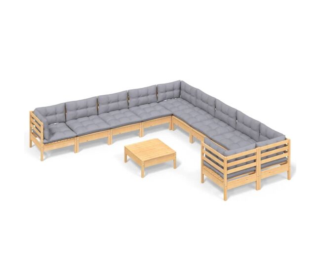 Muebles de jardin 11 piezas y cojines madera de pino gris