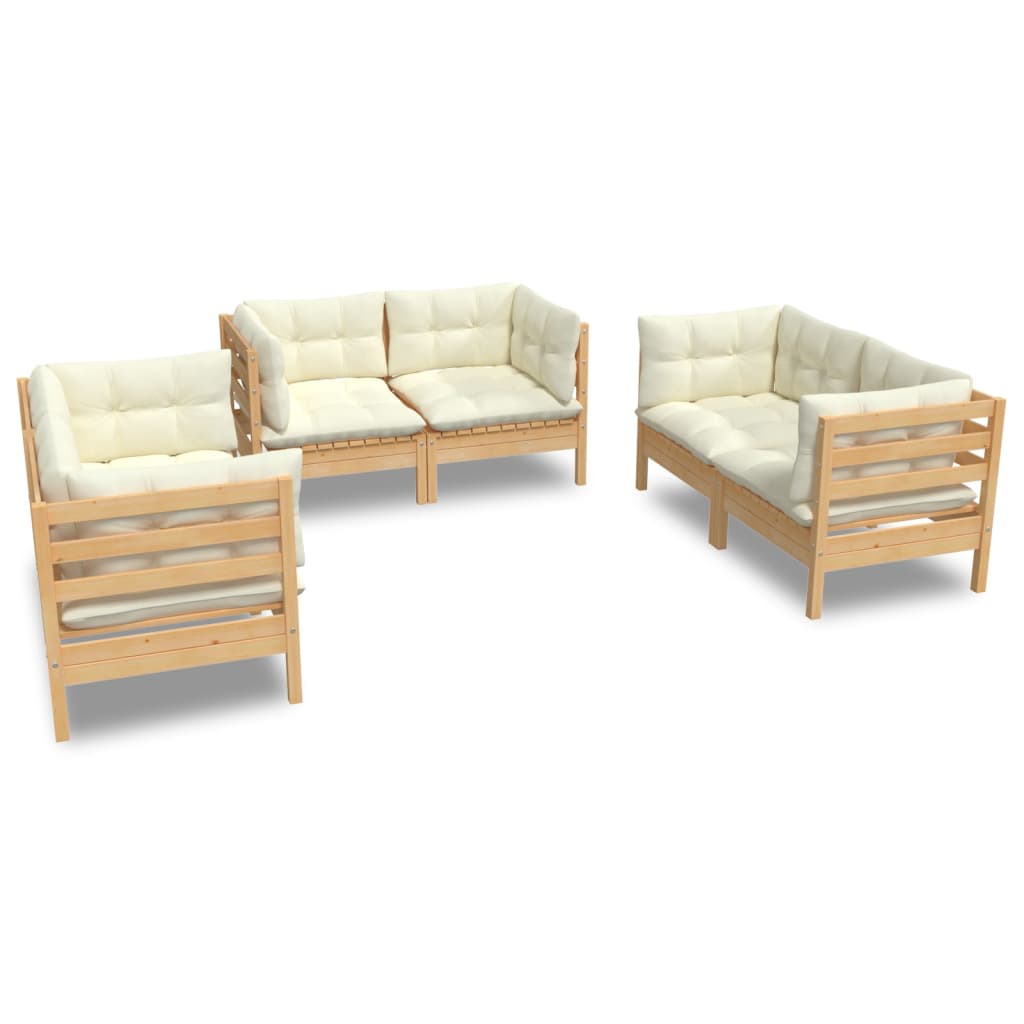 Muebles de jardin 6 piezas y cojines madera maciza de pino crema