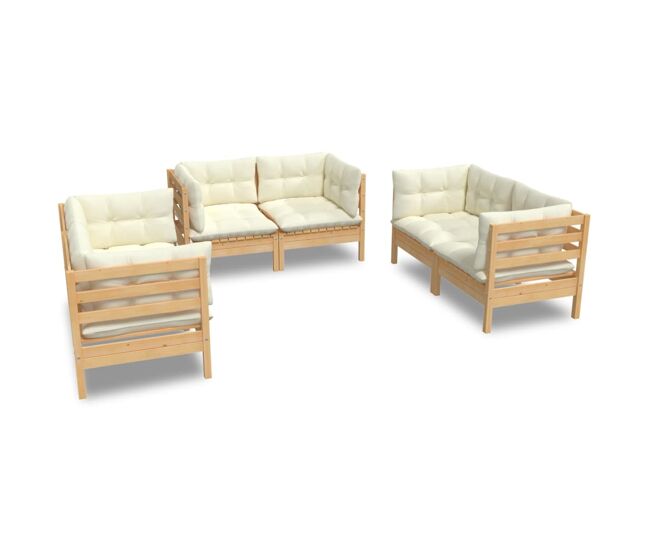 Muebles de jardin 6 piezas y cojines madera maciza de pino crema