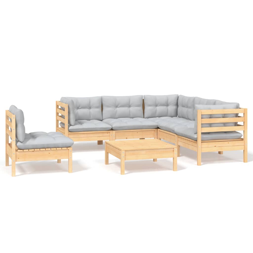 Juego de muebles de jardin 6 piezas y cojines madera pino gris