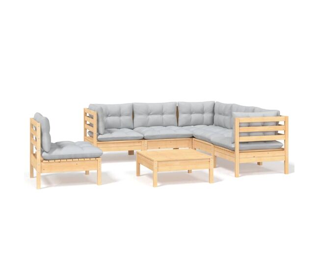 Juego de muebles de jardin 6 piezas y cojines madera pino gris