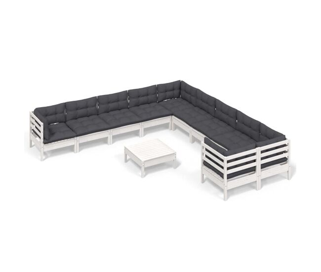 Muebles de jardin 11 piezas y cojines blanco madera de pino