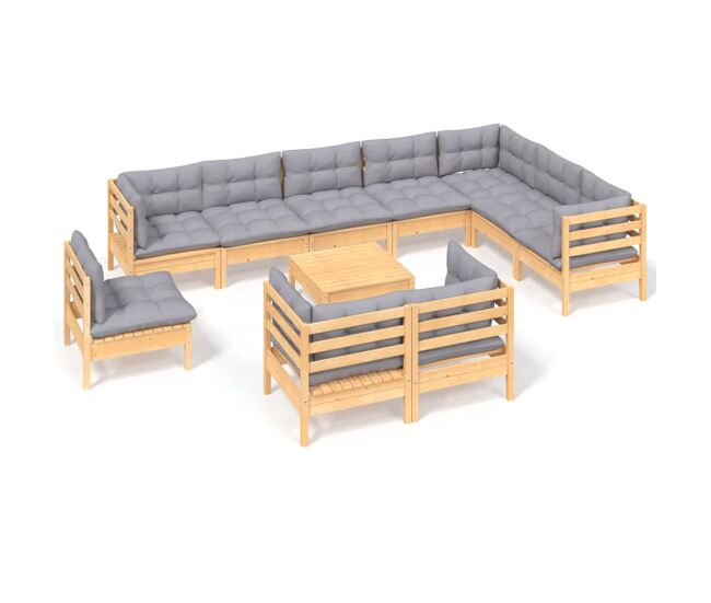Juego de muebles de jardin 11 piezas y cojines madera maciza pino