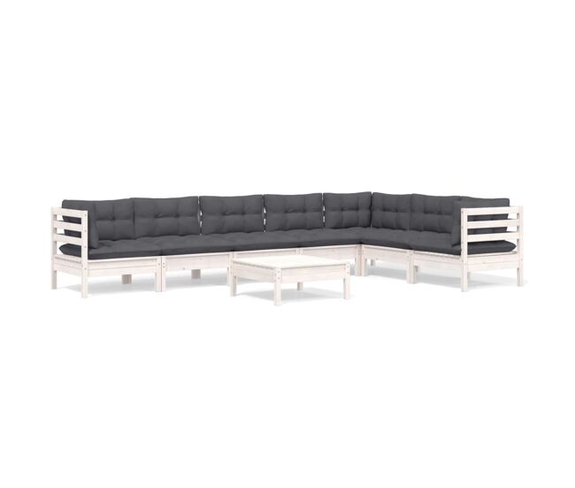 Muebles de jardin 8 piezas con cojines blanco madera maciza pino